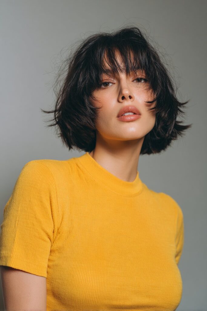 A short textured bob choppy haircut paired with straight or lightly feathered bangs. The choppy layers throughout add fullness and movement, while the bangs frame the eyes for a stylish, modern look.