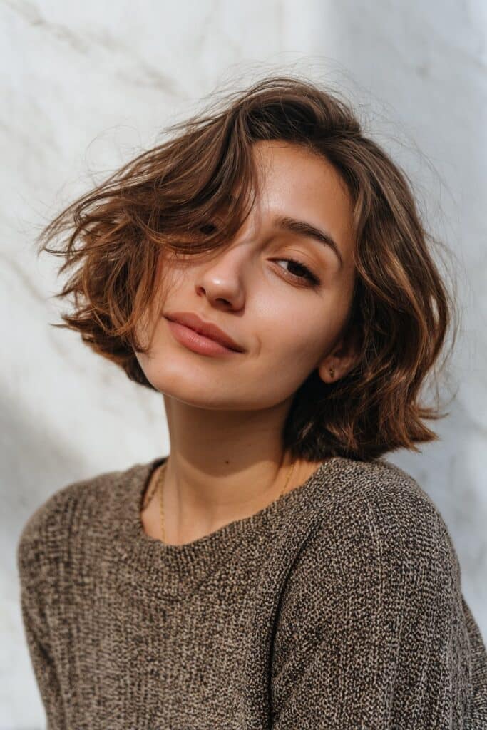 Young American woman with a textured choppy bob haircut, tousled layers, soft natural makeup, warm skin tone, smiling gently against a seamless white backdrop.