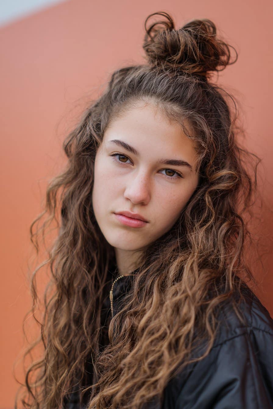 A stunning young woman in her 20s with natural skin tone, showcasing a Winter Hairstyle For Medium Length Hair featuring a textured half-up style, with medium-length hair with textured half-up top knot and loose waves below, captured in a close-up shot focusing on the hair, photographed against a seamless light coral backdrop with a smooth surface. She has subtle makeup, a chic winter outfit, realistic hair texture, warm skin tone, and a confident expression, captured with soft natural lighting and an Instagram-style beauty vibe.