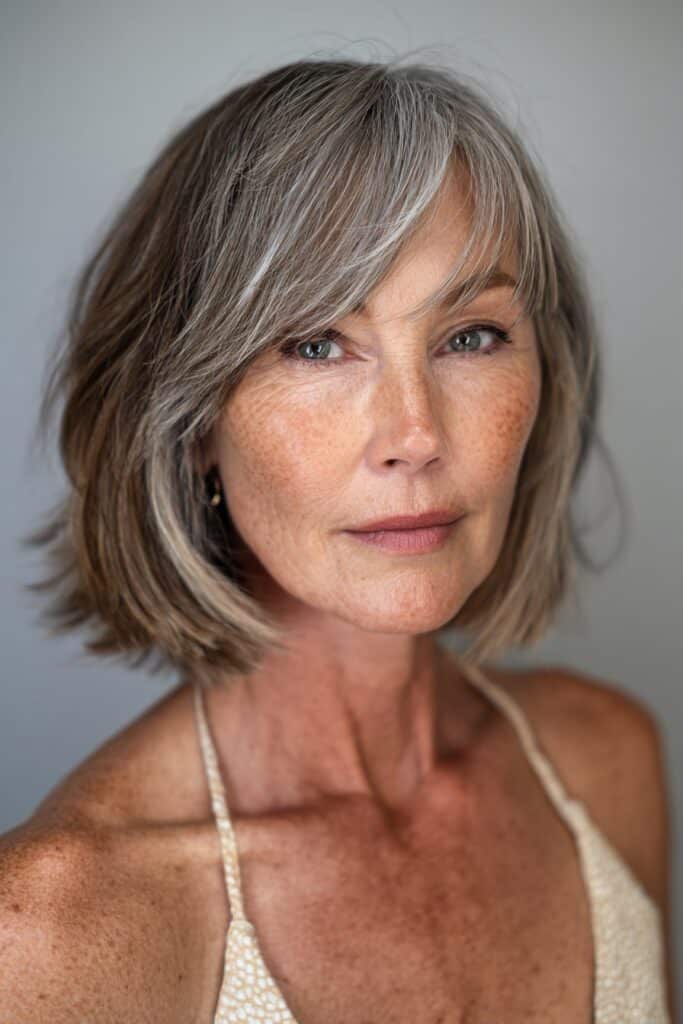 A vibrant American female model over 60 with a mature appearance, showcasing a Medium Length Layered Haircut For Women Over 60 with a textured midi shag, featuring medium-length midi shag with textured layers for edginess, captured in a close-up shot focusing on the hair, photographed against a seamless light pearl backdrop with a glossy sheen. She has subtle makeup with visible aging signs, an elegant outfit, realistic hair texture with silver strands, warm skin tone, and a friendly expression, captured with soft natural lighting and an Instagram-style beauty vibe.