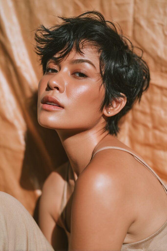A woman wearing a textured pixie shag haircut with heavily layered, choppy ends and lifted crown volume. The short shaggy pieces create a messy, lived-in look, giving the style an edgy yet soft appearance in a close-up portrait.