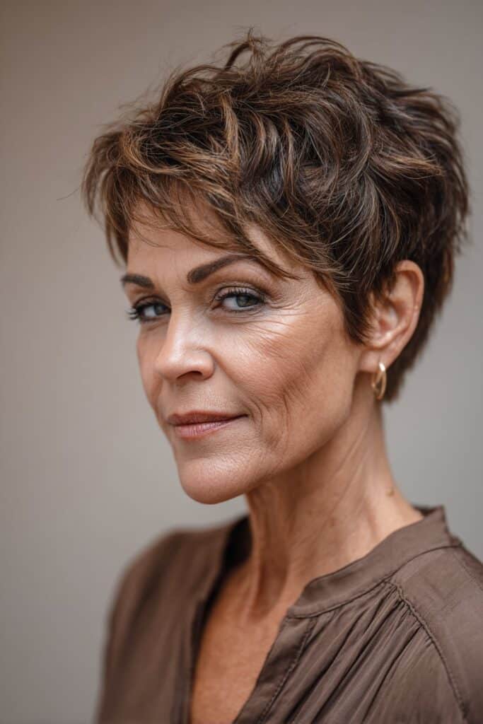 A woman over 40 with a textured pixie cut featuring smoky brown layered strands, shown in a clear portrait with soft studio lighting and visible choppy texture.