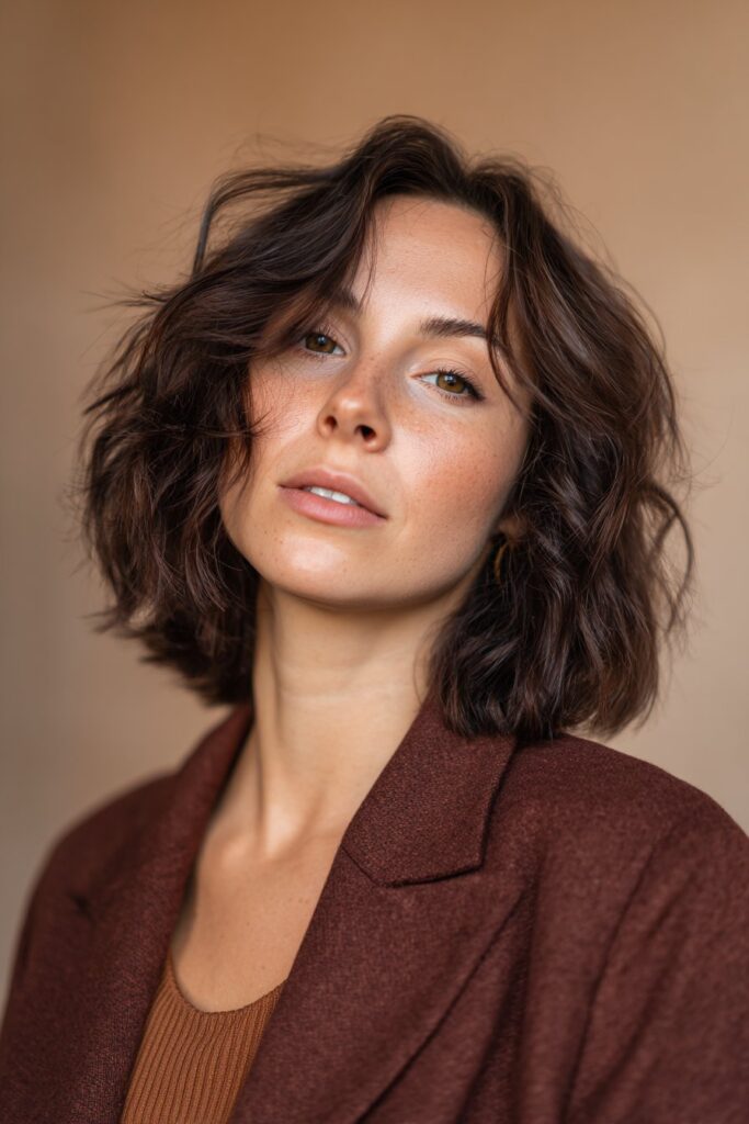 A stunning young woman in her 20s with natural skin tone, showcasing a Winter Hairstyle For Medium Length Hair featuring a textured shag, with medium-length textured shag with choppy layers and movement, captured in a close-up shot focusing on the hair, photographed against a seamless warm beige backdrop with a silky texture. She has subtle makeup, a chic winter outfit, realistic hair texture, warm skin tone, and a confident expression, captured with soft natural lighting and an Instagram-style beauty vibe.