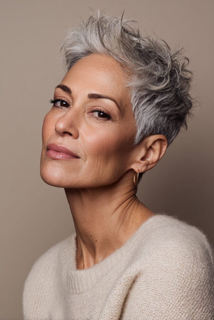 An older woman showcasing a short textured shag cut with visible choppy layers and tousled styling; well-lit portrait showing realistic hair detail.