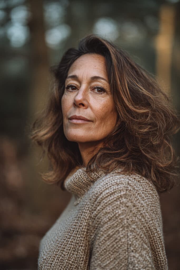 A natural-looking older woman over 50 with fine medium-brown hair styled into a textured shag with piecey ends, dressed in a full-sleeve knit sweater, posing with a forest background in soft daylight.