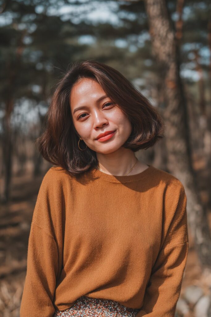 A modern American woman in her 20s with a textured shoulder-length bob, showcasing choppy ends and natural volume, styled in soft light against a warm mustard satin background.
