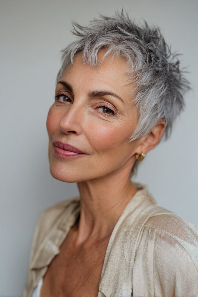 A confident American woman over 60 with a short textured silver pixie haircut, showing choppy layers and soft volume under natural light, wearing an elegant blouse against an ivory satin backdrop.