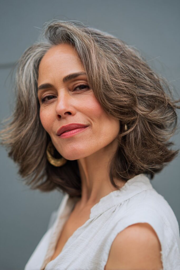 A vibrant elegant woman over 40 with a mature appearance, showcasing a Medium Length Hairstyle For Over 40 with a textured wavy layered bob, featuring shoulder-grazing bob with textured wavy layers and soft movement, captured in a close-up shot focusing on the hair, photographed against a seamless soft dove gray backdrop with a matte finish. She has subtle makeup with visible aging grace, a chic outfit, realistic hair texture with natural highlights, warm skin tone, and a confident smile, captured with soft natural lighting and an Instagram-style beauty vibe.