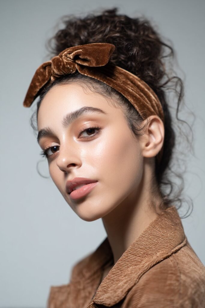 Sophisticated low chignon crowned with rich velvet headband – Headband Hairstyles series.