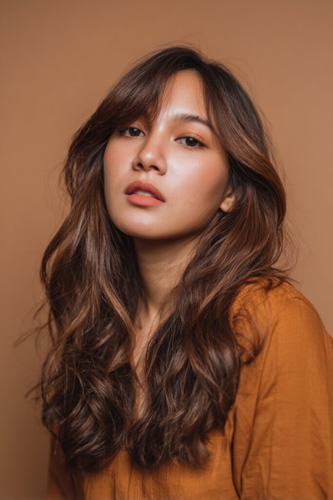 A stunning young woman in her 20s with natural skin tone, showcasing a Brown Hair With Caramel Highlights hairstyle featuring toasted caramel shade, featuring toasted caramel brown hair with warm highlights, captured in a close-up shot focusing on the hair, photographed against a seamless warm bronze backdrop with a matte finish. She has subtle makeup, a chic outfit, realistic hair texture, warm skin tone, and a confident expression, captured with soft natural lighting and an Instagram-style beauty vibe.
