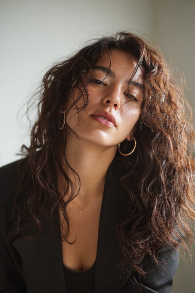 A close-up photo of a young elegant American woman with a tousled beach wave lob hairstyle, featuring realistic hair texture under soft natural lighting, subtle makeup, warm skin tone, confident expression, fully clothed in a chic outfit, in an Instagram-style beauty shot.