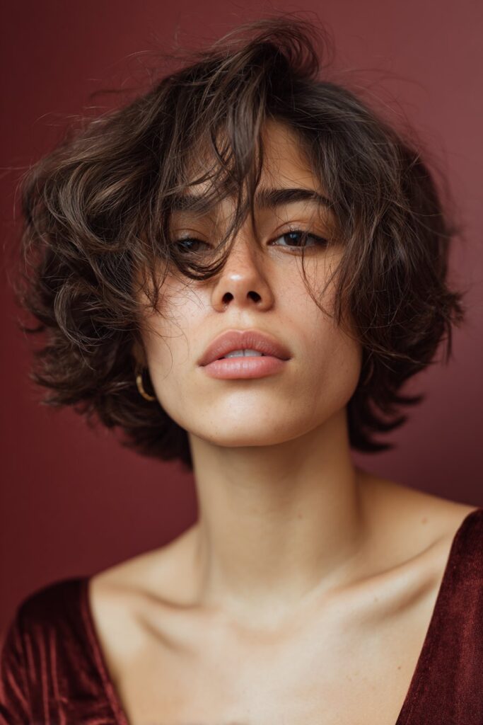 A stunning young woman in her 20s with natural skin tone, showcasing a Winter Hairstyle For Medium Length Hair featuring a tousled bob with shadow roots, with medium-length tousled bob with shadow roots and lived-in texture, captured in a close-up shot focusing on the hair, photographed against a seamless rich burgundy backdrop with a satin texture. She has subtle makeup, a chic winter outfit, realistic hair texture, warm skin tone, and a confident expression, captured with soft natural lighting and an Instagram-style beauty vibe.
