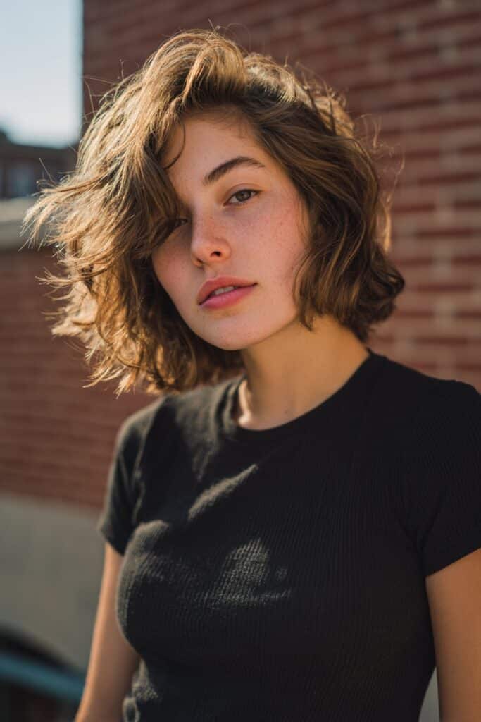 Young woman with a tousled choppy lob (long bob), effortless texture, natural makeup, relaxed expression, urban brick wall background