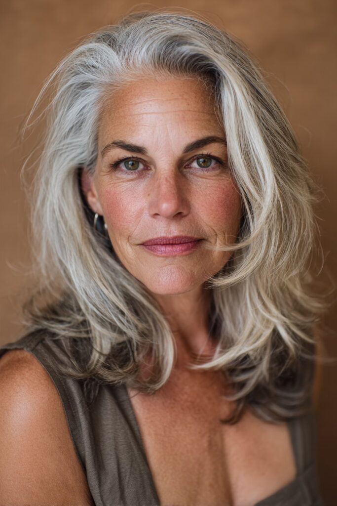 A vibrant American female model over 60 with a mature appearance, showcasing a Medium Length Layered Haircut For Women Over 60 with a tousled layered lob, featuring medium-length tousled layered lob for a casual look, captured in a close-up shot focusing on the hair, photographed against a seamless warm bronze backdrop with a satin finish. She has subtle makeup with visible aging signs, an elegant outfit, realistic hair texture with silver strands, warm skin tone, and a friendly expression, captured with soft natural lighting and an Instagram-style beauty vibe.
