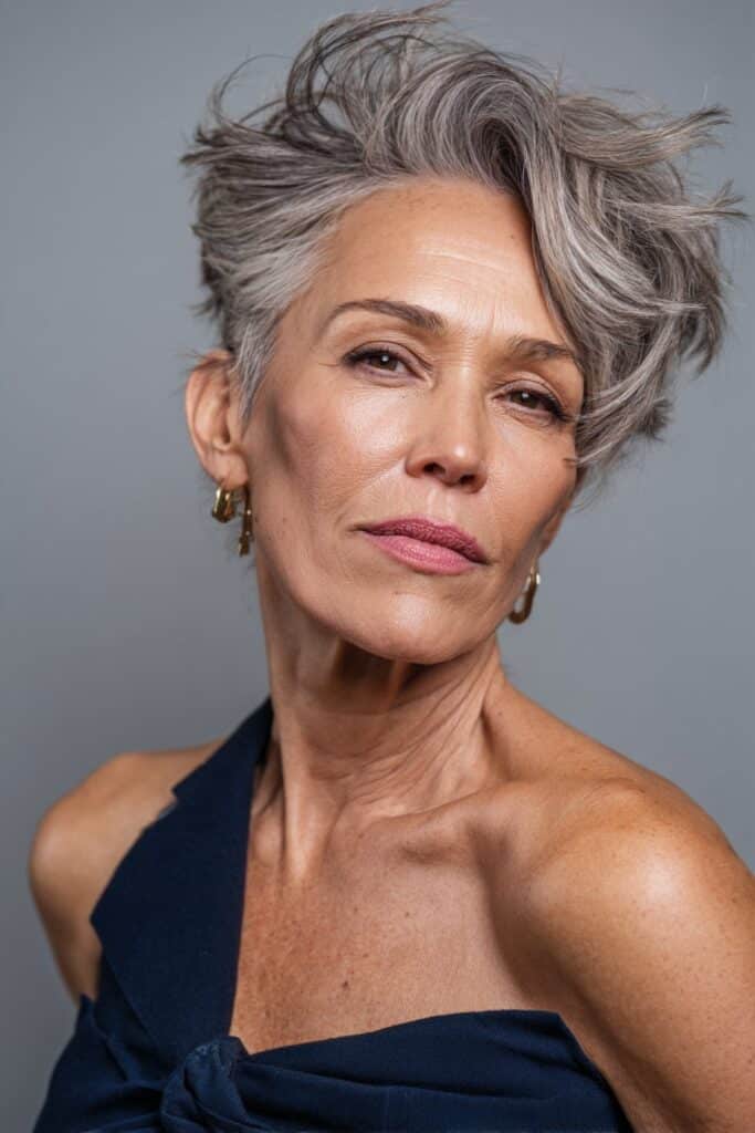 A confident American woman over 60 with a tousled midi shag haircut, textured layers adding effortless movement, softly lit against a navy glossy background.