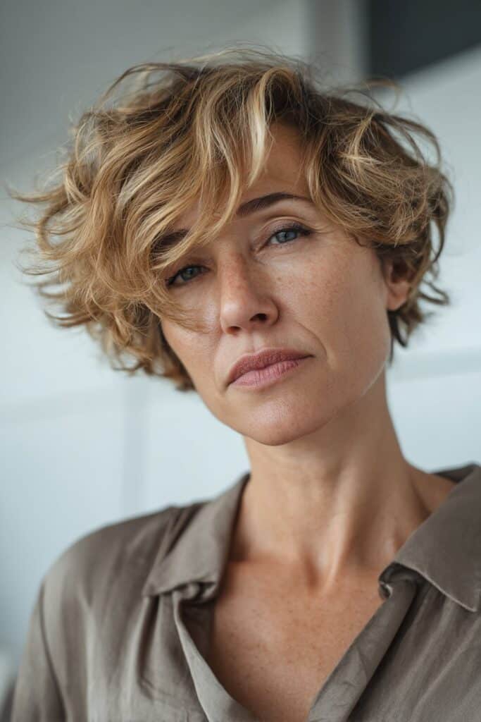 A woman over 40 wearing a tousled pixie bob enhanced by honey highlights, showing subtle layers and gentle volume in a modern portrait.