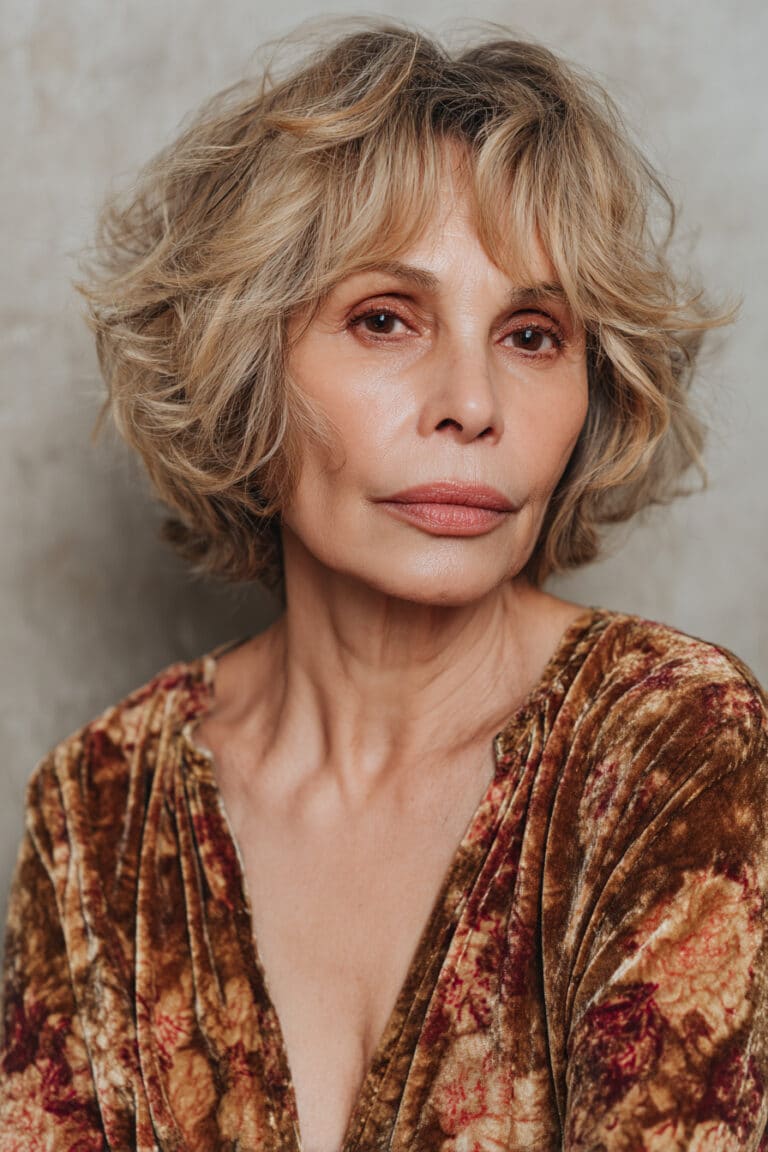 A radiant older woman over 50 with fine balayage blonde-on-brown hair styled in a tousled shag lob, wearing a full-sleeve velvet blouse, photographed in soft natural light with a textured plaster backdrop.
