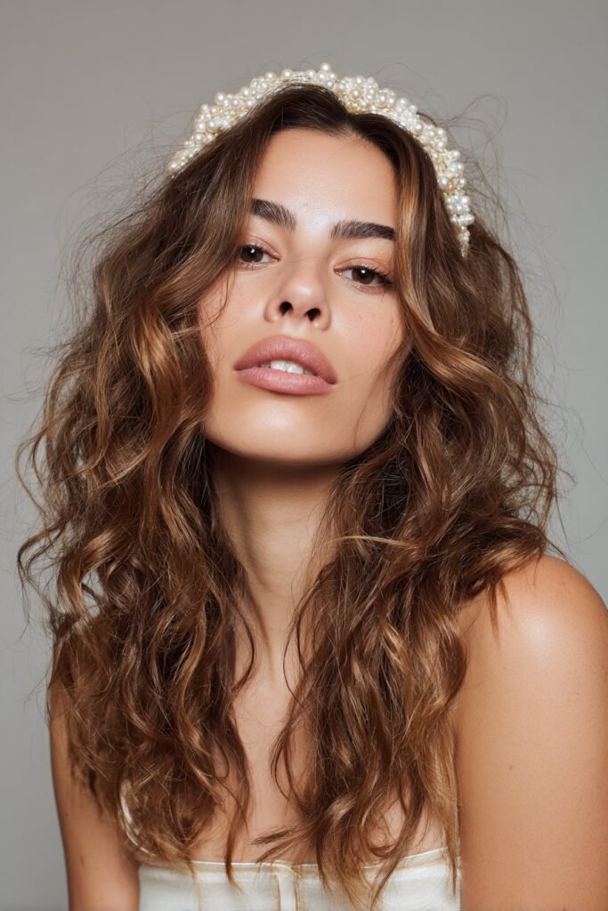 Romantic tousled waves glowing with a luxurious pearl headband – Headband Hairstyles series.