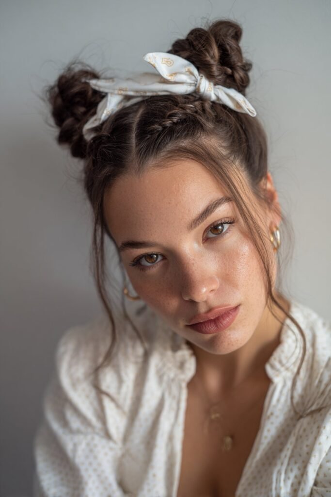 Delicate twist crown braid adorned with a sweet bow headband – Headband Hairstyles series.