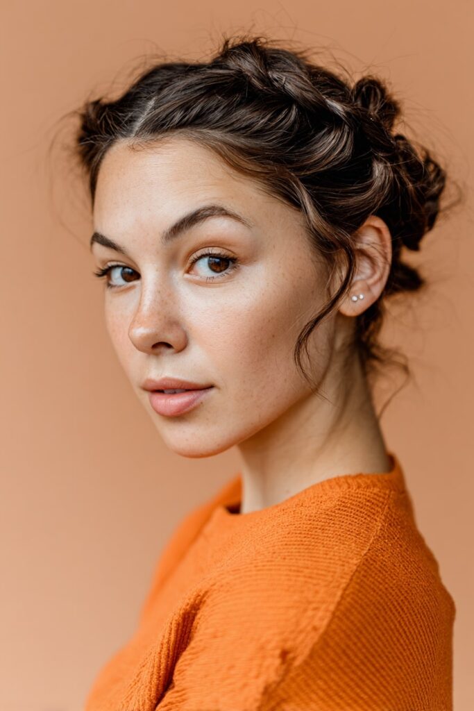 A stunning young woman in her 20s with natural skin tone, showcasing an Everyday Hairstyle For Medium Length Hair with double buns, featuring medium-length hair styled in playful double buns, captured in a close-up shot focusing on the hair, photographed against a seamless light coral backdrop with a smooth surface. She has subtle makeup, a trendy outfit, realistic hair texture, warm skin tone, and a friendly expression, captured with soft natural lighting and an Instagram-style beauty vibe.