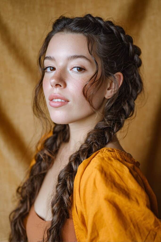 A stunning young woman in her 20s showcasing a Half Up Half Down Hairstyle For Medium Length Hair with a twisted fishtail, featuring a half-up twisted fishtail braid with medium-length hair, captured in a close-up shot focusing on the hair, photographed against a seamless warm mustard backdrop with a satin finish. She has subtle makeup, a trendy outfit, realistic hair texture, warm skin tone, and a friendly expression, captured with soft natural lighting and an Instagram-style beauty vibe.