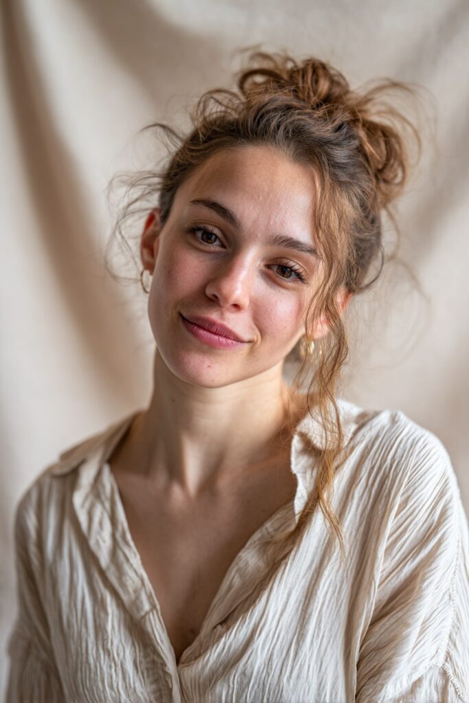 A stunning young woman in her 20s with natural skin tone, showcasing an Everyday Hairstyle For Medium Length Hair with a twisted half-updo, featuring medium-length hair with twisted half-updo for a casual chic look, captured in a close-up shot focusing on the hair, photographed against a seamless soft ivory backdrop with a satin finish. She has subtle makeup, a trendy outfit, realistic hair texture, warm skin tone, and a friendly expression, captured with soft natural lighting and an Instagram-style beauty vibe.