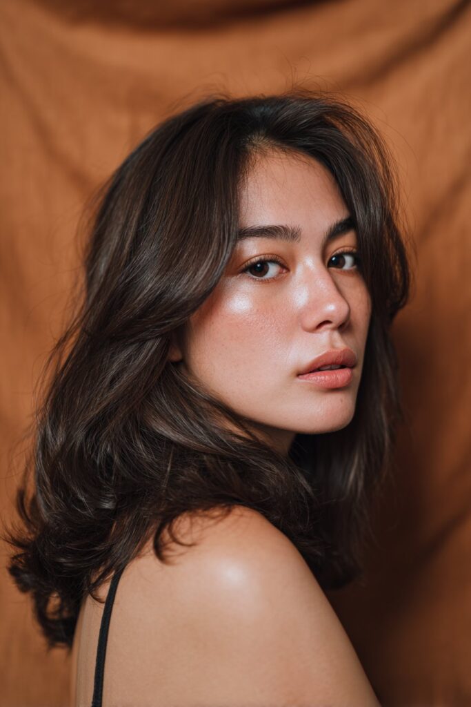 A stylish American woman in her 20s with two-tiered layered hair, defined top and bottom layers adding dimension, photographed against a warm bronze satin background.