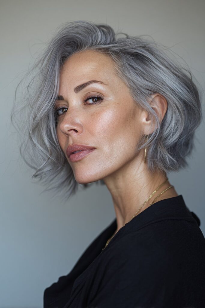 A close-up photo of an elegant American woman over 40 with an undercut bob in silvery gray hairstyle, featuring realistic hair texture under soft natural lighting, subtle makeup, warm skin tone, confident expression, fully clothed in a chic outfit, in an Instagram-style beauty shot.