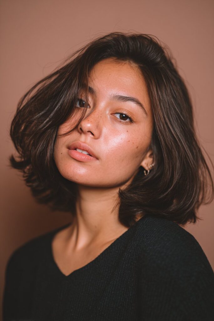 A young American woman in her 20s with V-cut medium-length layers forming a subtle V shape at the back, soft and natural under diffused light with a plum matte backdrop.