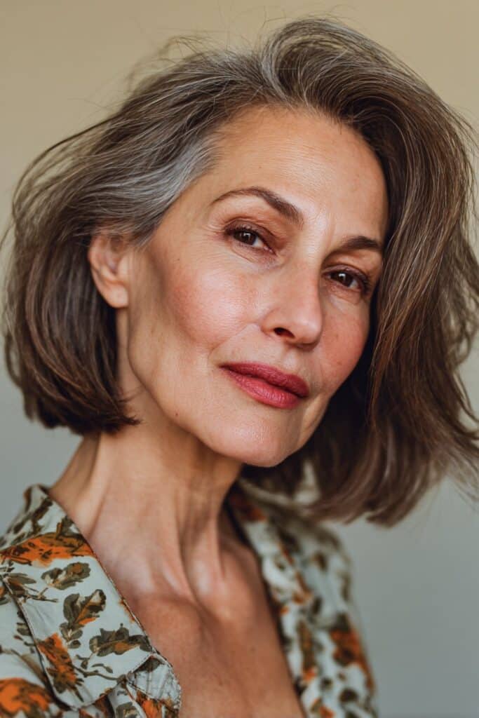 A vibrant elegant woman over 40 with a mature appearance, showcasing a Medium Length Hairstyle For Over 40 with a voluminous blowout lob, featuring classic voluminous blowout on a lob with bounce, captured in a close-up shot focusing on the hair, photographed against a seamless light mocha backdrop with a glossy sheen. She has subtle makeup with visible aging grace, a chic outfit, realistic hair texture with natural highlights, warm skin tone, and a confident smile, captured with soft natural lighting and an Instagram-style beauty vibe.