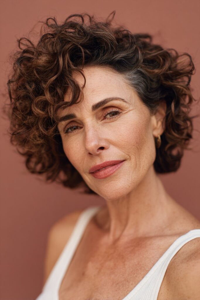 A radiant American woman over 60 with voluminous curly lob hair, showcasing lively curls and bounce, photographed in warm natural tones against a plum satin backdrop.