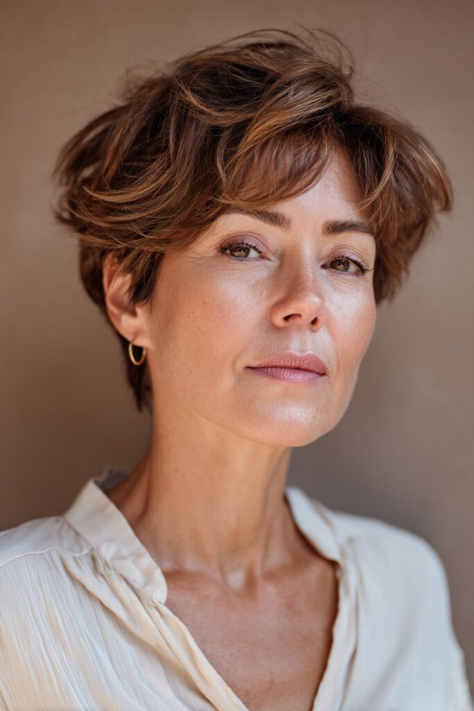 A woman over 40 with a volumized crown pixie in mocha brown, showing lifted layers around the crown and a textured short silhouette.