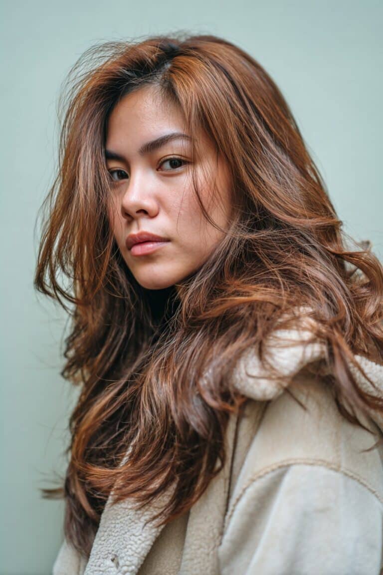 A stunning young woman in her 20s with natural skin tone, showcasing a Winter Hairstyle For Medium Length Hair featuring warm toned waves, with medium-length hair with soft warm-toned waves and natural bounce, captured in a close-up shot focusing on the hair, photographed against a seamless light sage backdrop with a glossy sheen. She has subtle makeup, a chic winter outfit, realistic hair texture, warm skin tone, and a confident expression, captured with soft natural lighting and an Instagram-style beauty vibe.