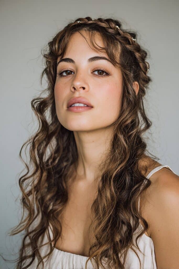 A close-up photo of a young elegant American woman with a dreamy waterfall braided headband – headband hairstyles with braids series.
