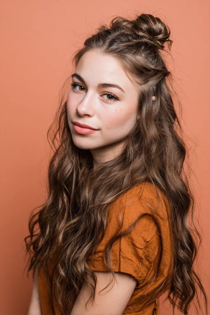 A stunning young woman in her 20s showcasing a Half Up Half Down Hairstyle For Medium Length Hair with waterfall waves, featuring a half-up waterfall braid with wavy medium-length hair cascading down, captured in a close-up shot focusing on the hair, photographed against a seamless warm coral backdrop with a smooth texture. She has subtle makeup, a trendy outfit, realistic hair texture, warm skin tone, and a friendly expression, captured with soft natural lighting and an Instagram-style beauty vibe.
