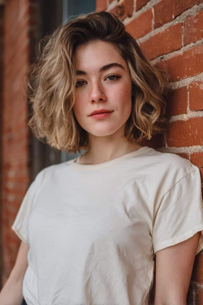 A short wavy bob choppy haircut styled with tousled, beachy waves and piecey ends. The blending of natural waves with uneven layers creates a soft, airy texture full of dimension and effortless volume.