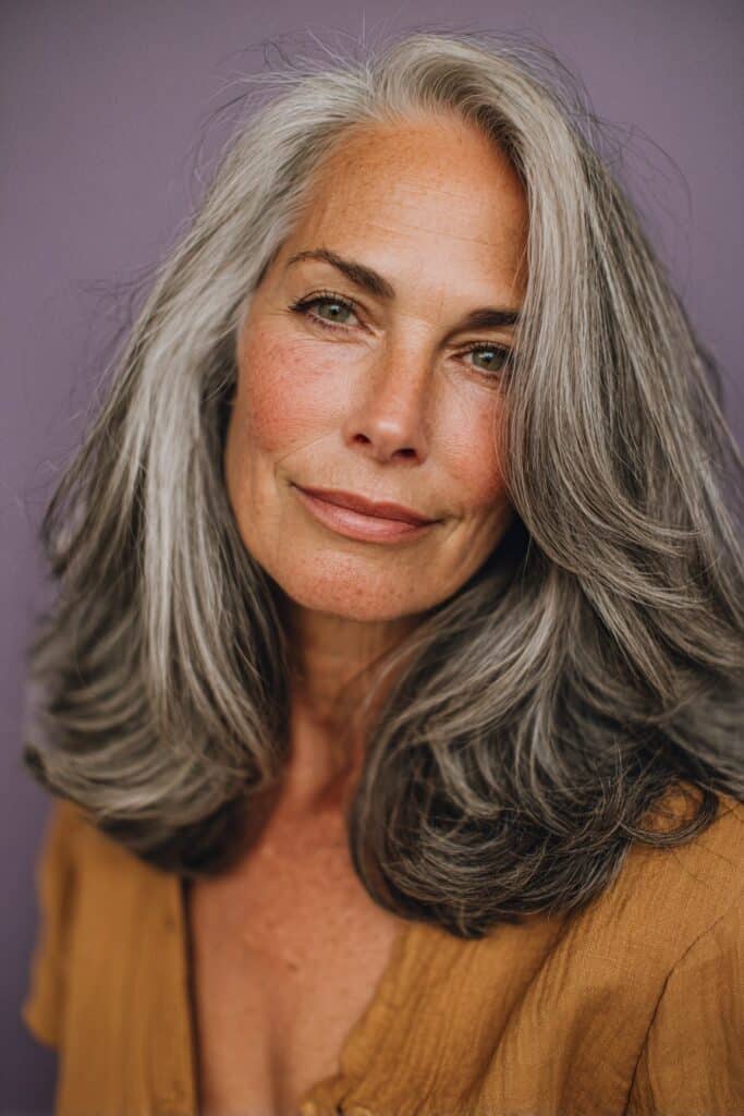 A vibrant American female model over 60 with a mature appearance, showcasing a Medium Length Layered Haircut For Women Over 60 with wavy layers with curtain bangs, featuring medium-length wavy layers with curtain bangs, captured in a close-up shot focusing on the hair, photographed against a seamless warm violet backdrop with a matte finish. She has subtle makeup with visible aging signs, an elegant outfit, realistic hair texture with silver strands, warm skin tone, and a friendly expression, captured with soft natural lighting and an Instagram-style beauty vibe.