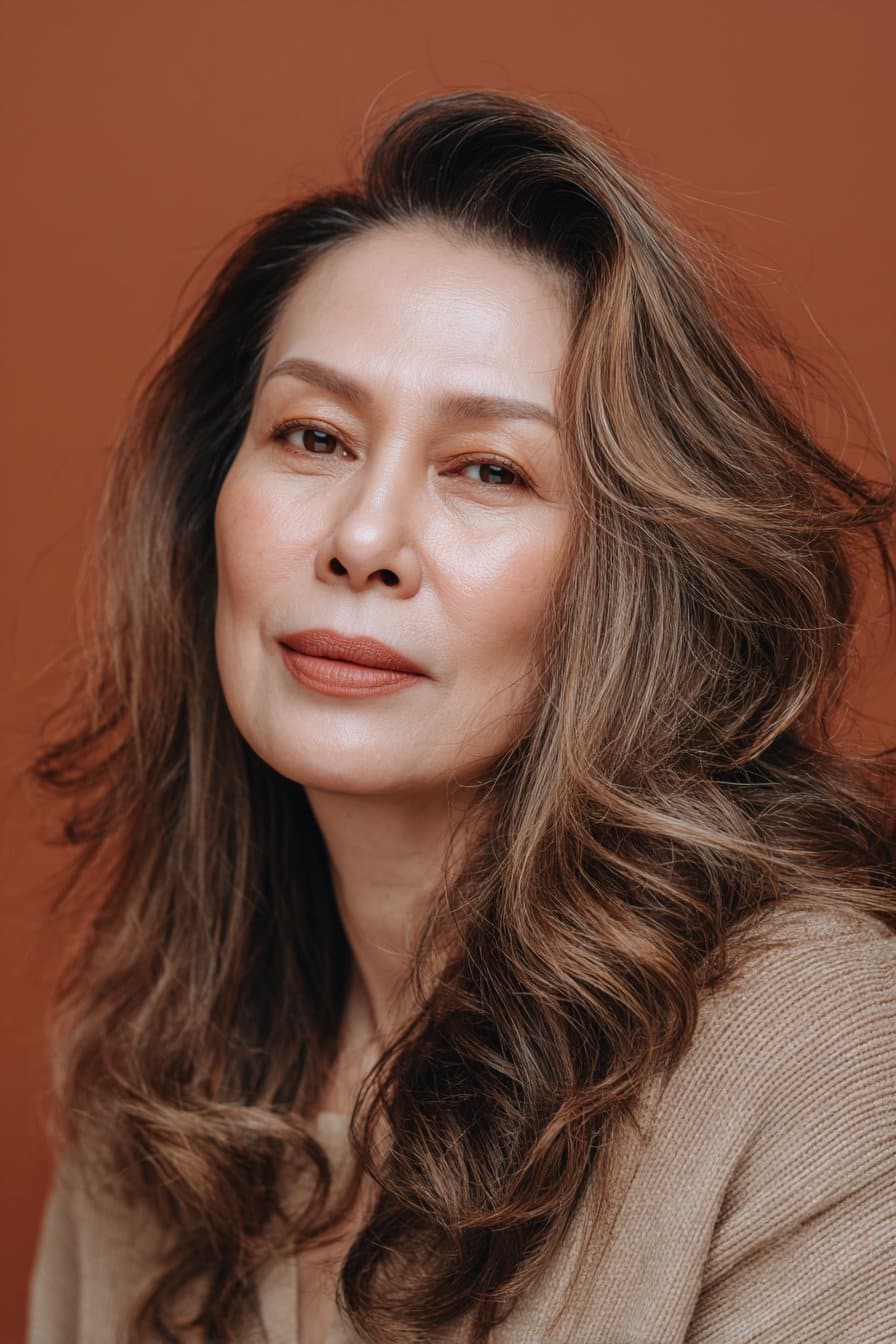 A vibrant elegant woman over 40 with a mature appearance, showcasing a Medium Length Hairstyle For Over 40 with a wavy lob with caramel highlights, featuring wavy lob with rich caramel highlights melting through, captured in a close-up shot focusing on the hair, photographed against a seamless warm terracotta backdrop with a matte finish. She has subtle makeup with visible aging grace, a chic outfit, realistic hair texture with natural highlights, warm skin tone, and a confident smile, captured with soft natural lighting and an Instagram-style beauty vibe.