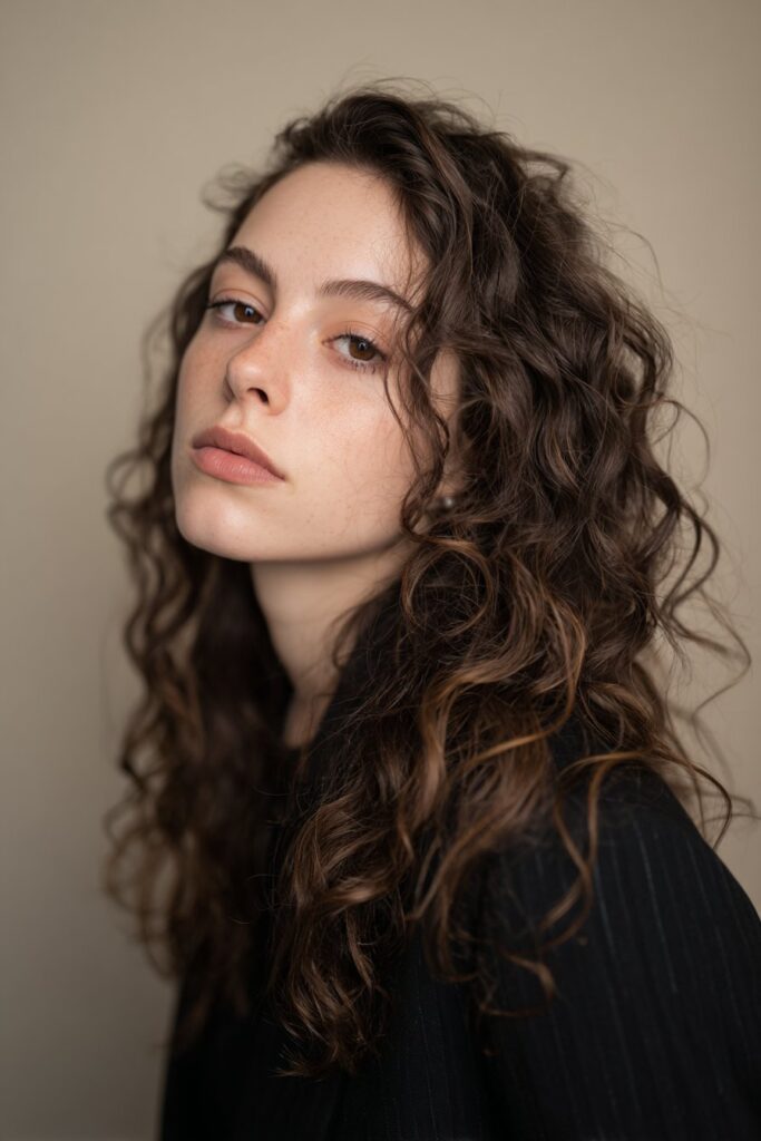 A close-up photo of a young elegant American woman with a wavy lob with face-framing layers hairstyle, featuring realistic hair texture under soft natural lighting, subtle makeup, warm skin tone, confident expression, fully clothed in a chic outfit, in an Instagram-style beauty shot.