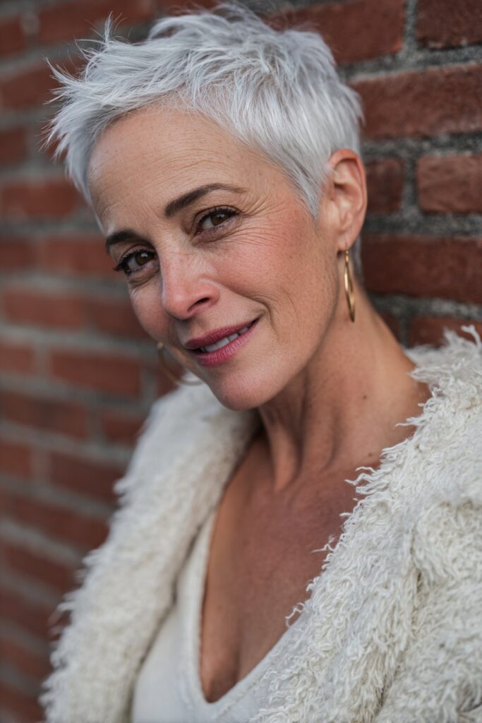 A woman over 60 wearing a white shaggy long pixie cut with tousled layers and airy movement; close-up shot highlighting the wispy, choppy texture.