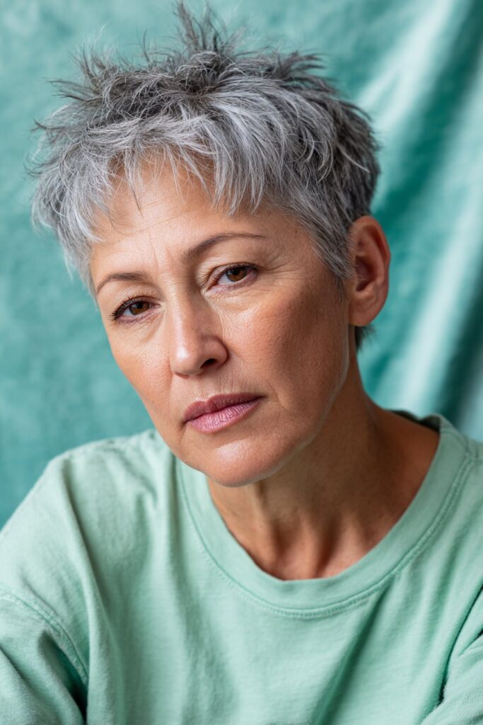 An older woman with a youthful shaggy pixie cut featuring lively choppy layers and lifted texture, giving a rejuvenated appearance.