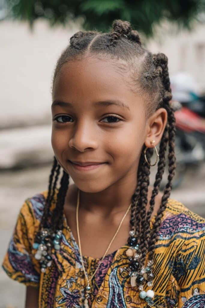 African-inspired toddler braids with wooden beads, cultural patterned fabric background, warm lighting, traditional hairstyle feel