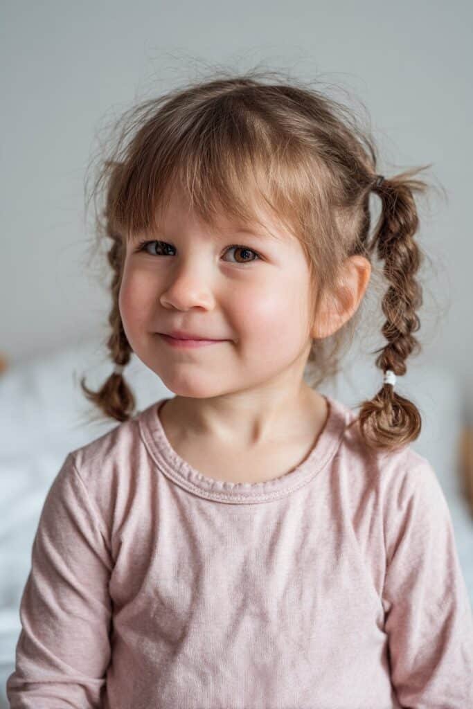 A toddler girl wearing all-back braids with beaded bangs, captured in a soft neutral indoor studio.