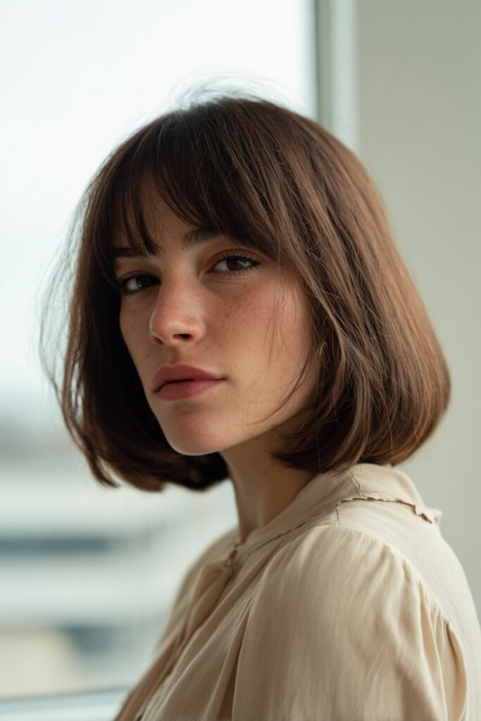 A chic woman with thin fine hair styled into an angled bob with curtain bangs, wearing a neutral blouse, photographed in a clean modern office environment.