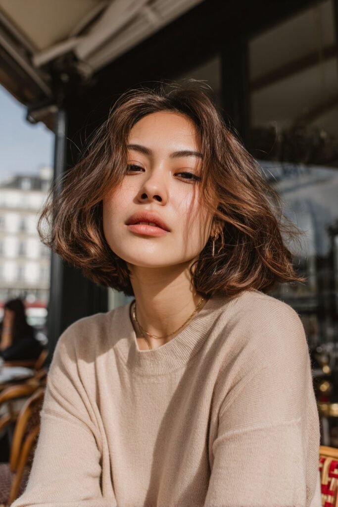 Young woman in her 20s with fine thin hair styled in an angled caramel choppy bob, warm highlights, beige outfit, outdoor café terrace.