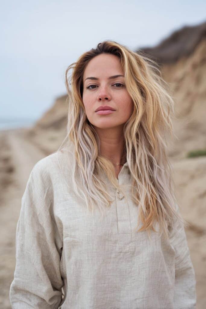 Woman in her 20s with arctic sand melt blonde hair, sandy roots fading into icy ends on a dune-lined beach path.