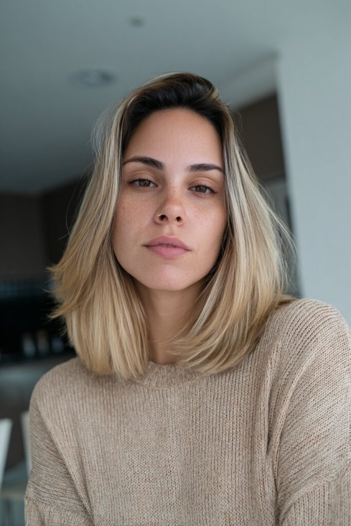 Young woman showcasing ash blonde hair with multi-tonal dimension, soft layered tones captured inside a minimalist Scandinavian kitchen.