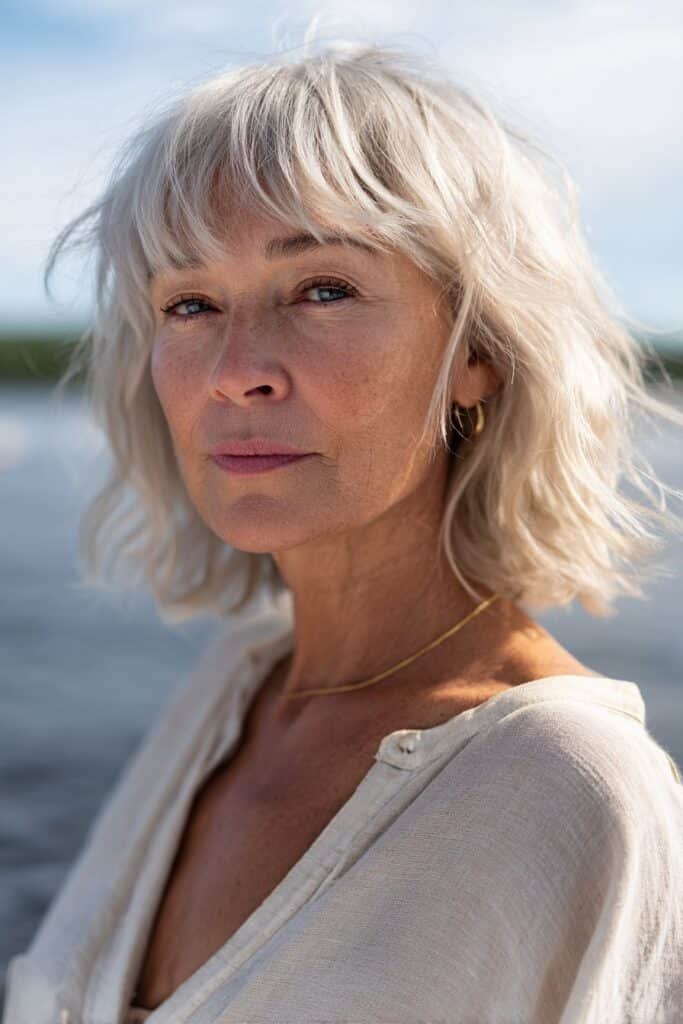 A woman over 50 with an ash-blonde shag and curtain fringe standing near a lakeside, with softly blurred water behind her.