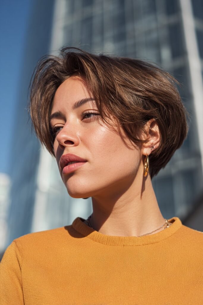 An asymmetrical bob on thin fine hair, captured in front of a modern glass building with soft reflections.