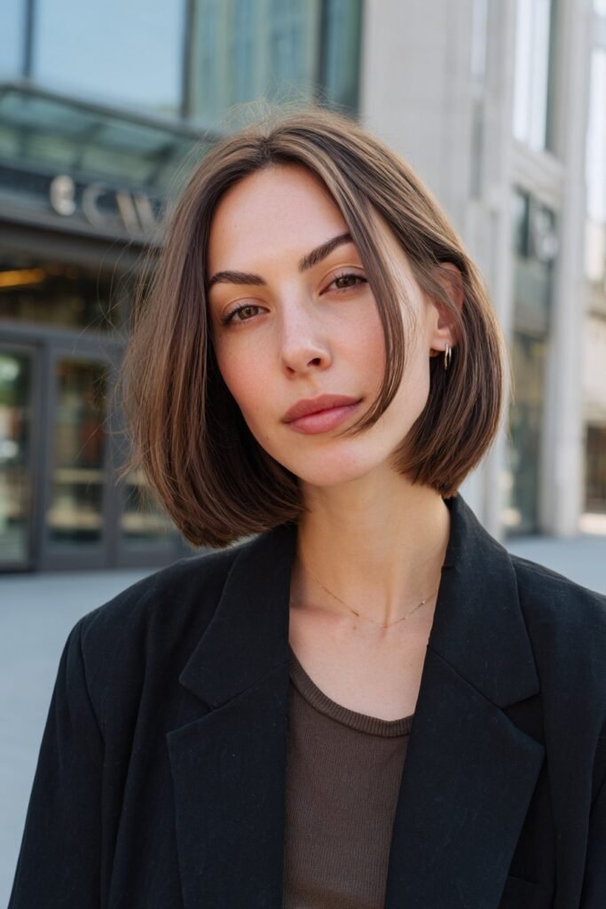 Front-facing portrait of a woman in her 20s wearing an asymmetrical lob haircut for fine hair, with one side slightly longer and a clean modern finish.